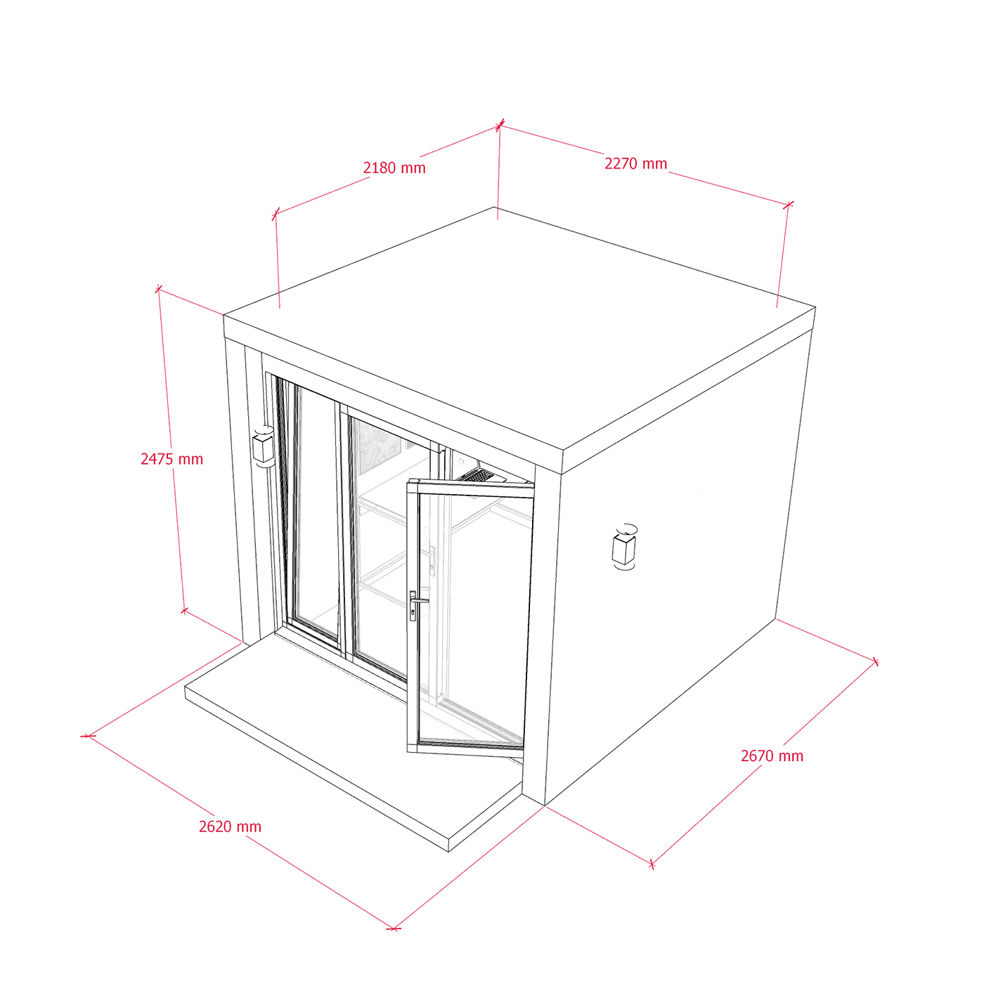 Exterior dimensions of 2.6m by 2.6m garden office