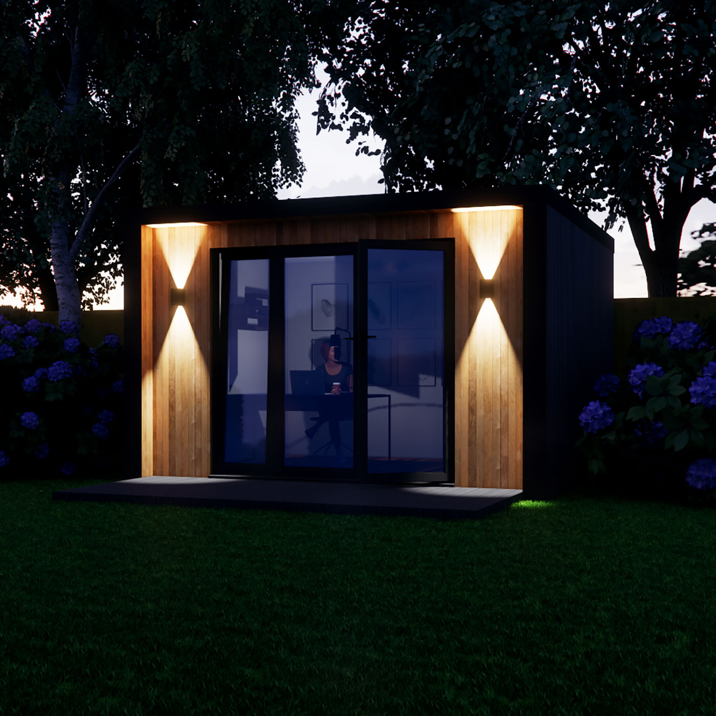Night time visualisation of 3.2m by 3.8m garden room design