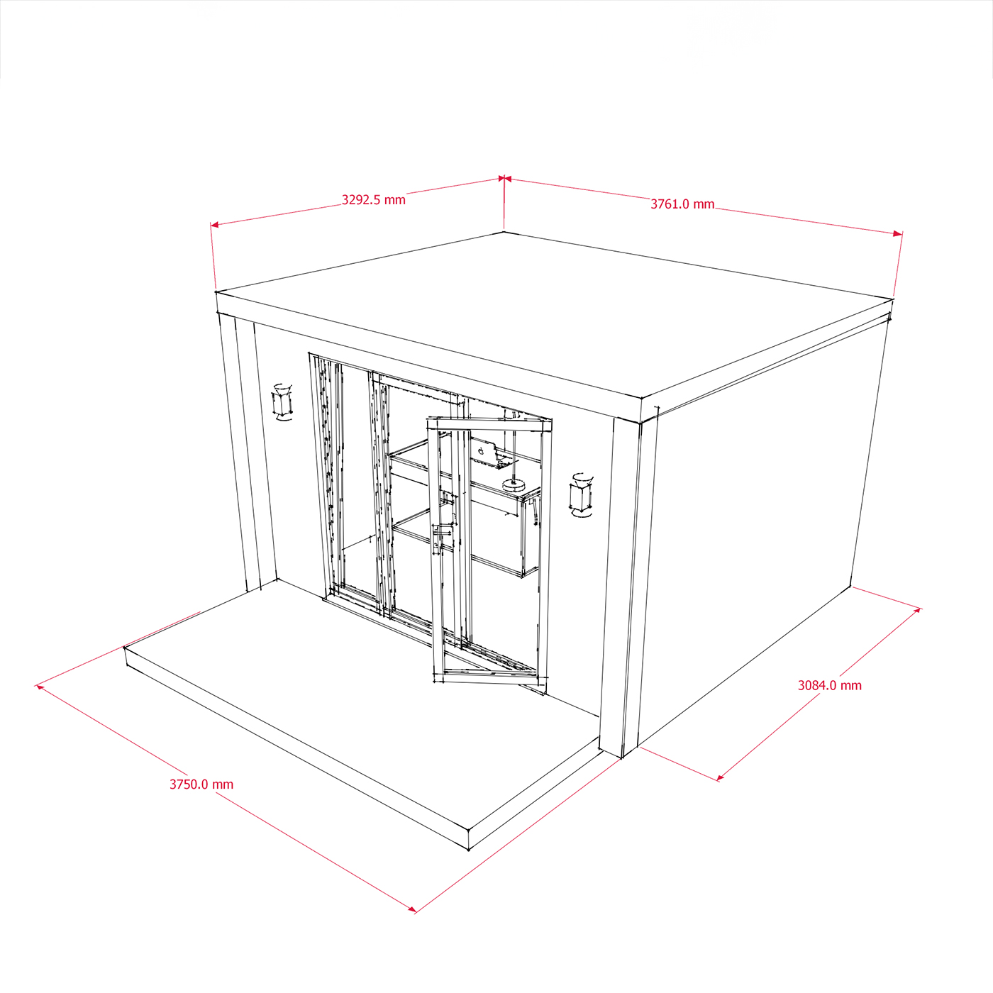 Exterior dimensions of 3.2m by 3.8m garden office
