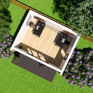 A 3D rendered top-down view of a simple outdoor office setup within a garden, surrounded by grass and purple flowers.
