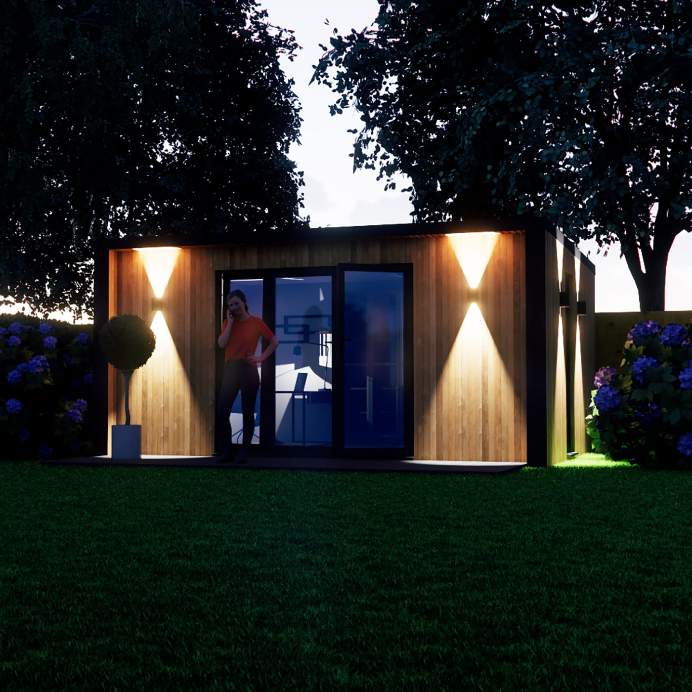 Night time visualisation of 3.9m by 5.0m garden room design