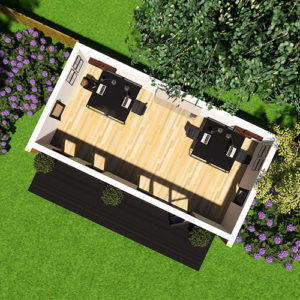An aerial view of a 3D floor plan for a modern apartment surrounded by greenery and landscaping.