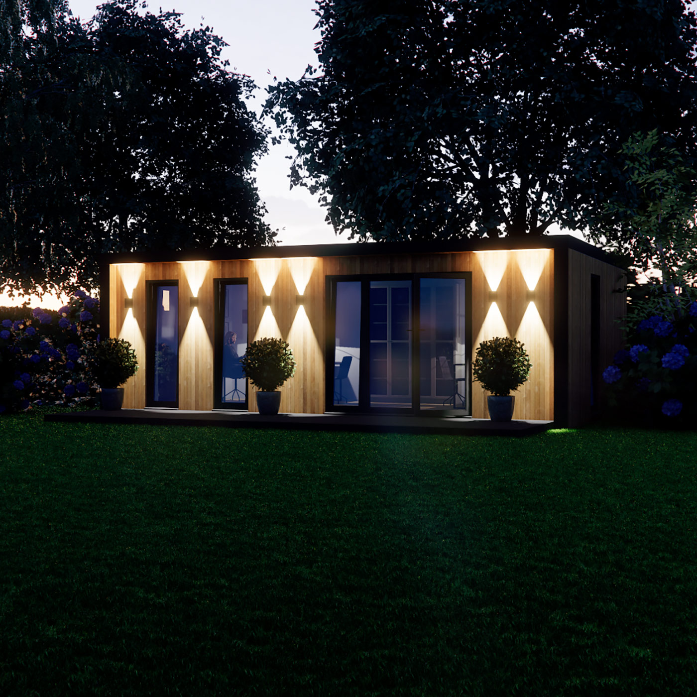 Night time visualisation of 3.9m by 7.4m garden room design