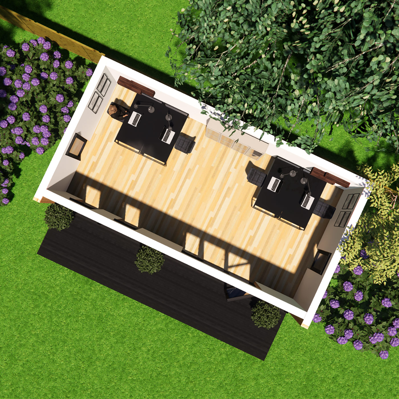 Floorplan visualisation of 3.9m by 7.4m garden office