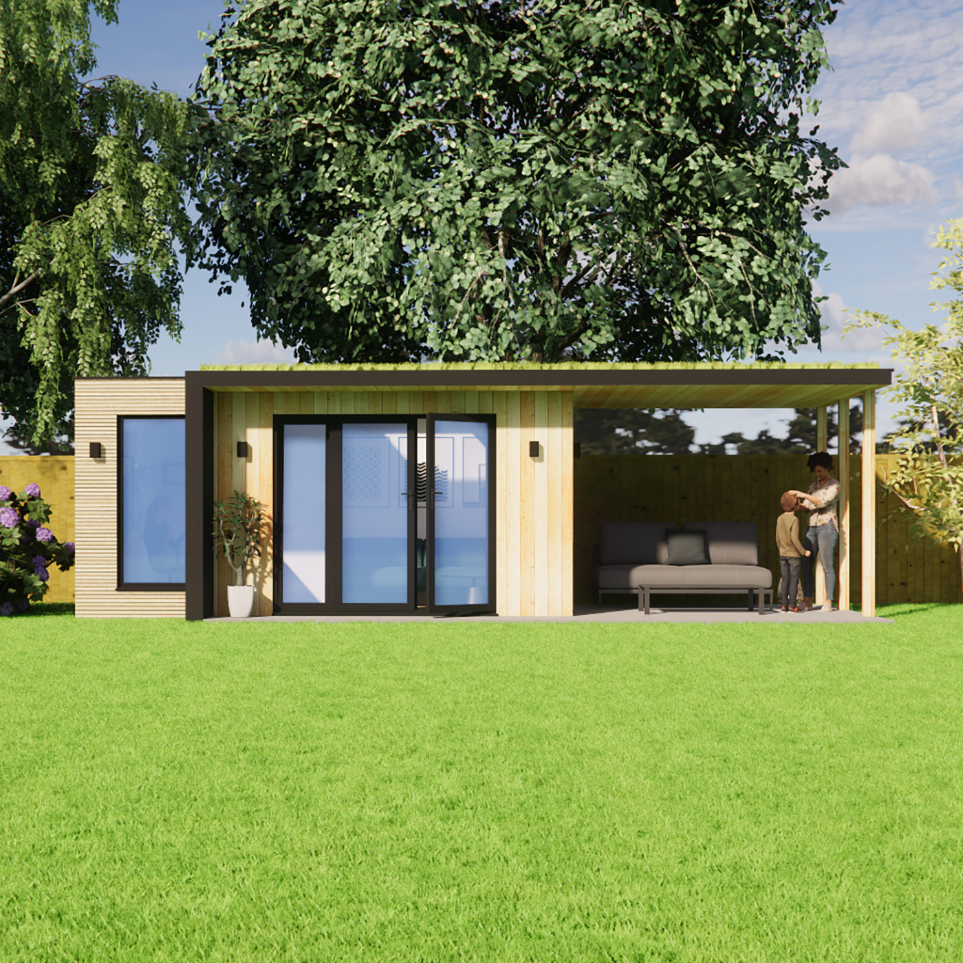 visualisation of 2.6m by 5.0m garden room with roof overhang
