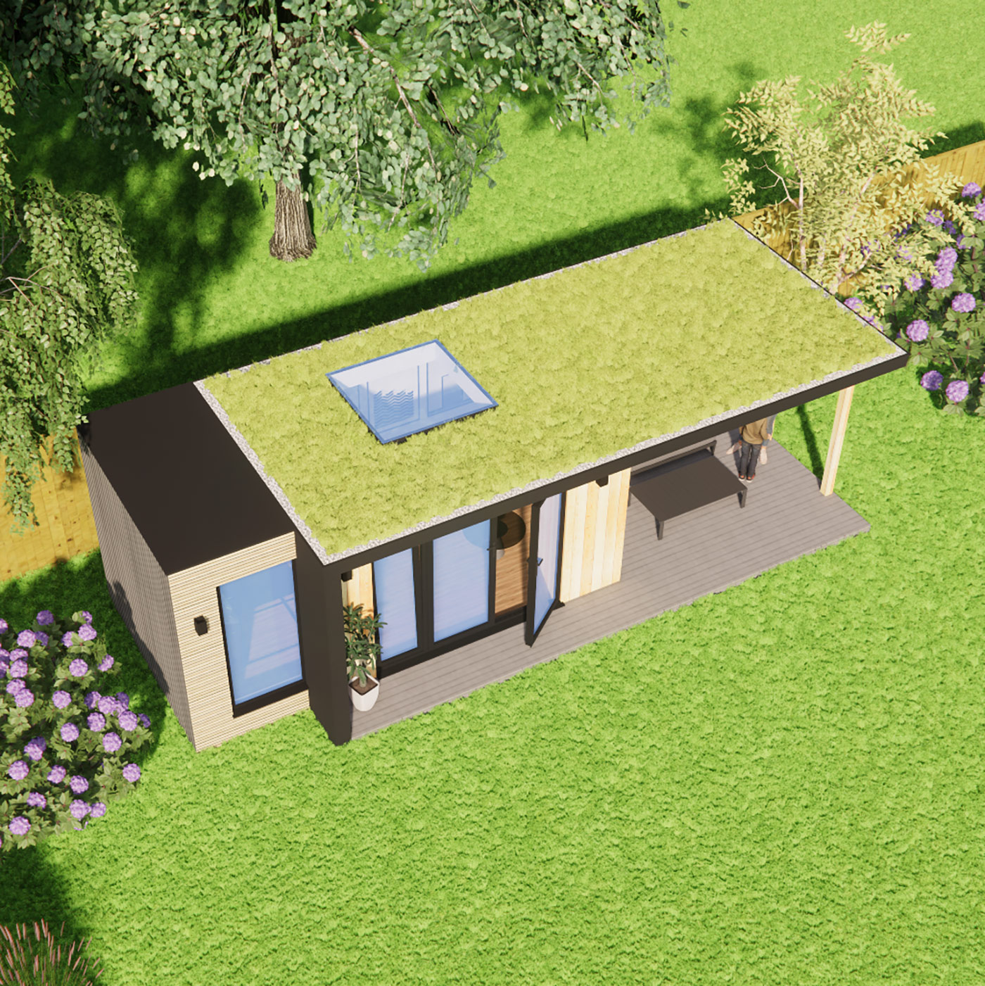 Exterior of 2.6m by 5.0m garden room design with green roof