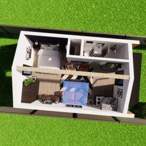A 3D floor plan of a small house showcases liveable spaces including a cozy living area with a sofa, a dining area, a kitchen with modern appliances, a bedroom with a double bed, and a bathroom. The design features light wood flooring and is surrounded by green lawn outside. - a room in the garden