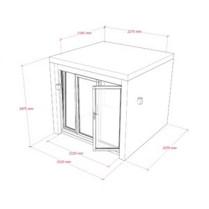 A technical drawing of a rectangular room with dimensions. The room has a large double door on one side, with one door open. Dimensions are given in millimeters: 2670 mm width, 2620 mm depth, 2475 mm height, and various dimensions of the door and overhang. - a room in the garden