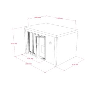 A 3D line drawing of a rectangular structure with glass doors on the front side. Dimensions indicated include 2180 mm height, 3355 mm width, 2475 mm depth, 2220 mm door width, and 3705 mm and 2670 mm extending measurements from the front and side perspectives. - a room in the garden