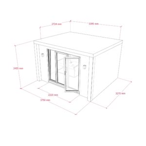 A technical line drawing of a cubic room, showcasing various dimensions in millimeters. The room features a large front window with sliding doors, two side walls with exterior lights, and measurements outlined in red text. Dimensions range from 2220 mm to 3750 mm. - a room in the garden