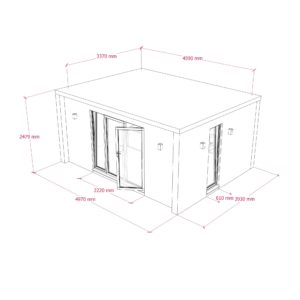 A technical drawing of a rectangular building with dimensions labeled in millimeters. The building has a large door on one side and windows on three sides. The labeled dimensions include lengths, widths, and heights of various parts of the structure. - a room in the garden