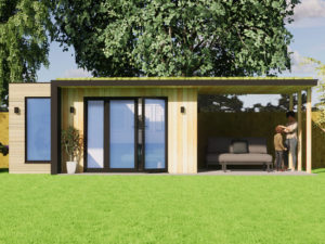 A modern, small wooden house with large glass doors and a flat roof. The front area has a covered patio with a sofa. Two people, an adult, and a child, are standing near the entrance. The house is set in a grassy yard with a tree and a wooden fence in the background. - a room in the garden