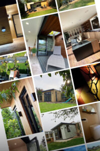 A collage of various modern home and room designs, featuring exterior views of small houses with wooden facades, interiors with minimalistic and cozy decorating styles, spaces with musical instruments, lush greenery, and serene garden settings. - a room in the garden